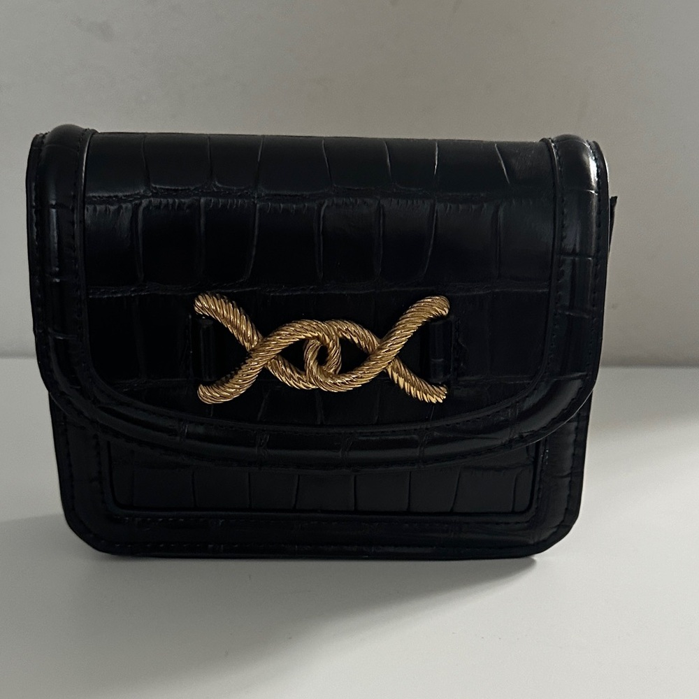 Zara Black Croc-Embossed Mini Bag with Gold Detail